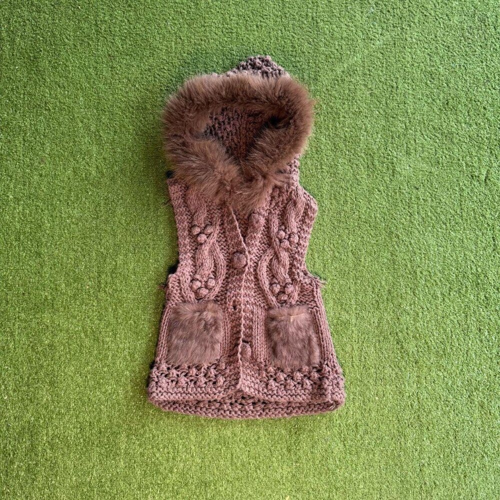 Alberto Makali Knit Hooded Vest with Fur Trim